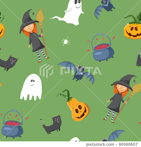 Halloween seamless pattern design. Cute cartoon elements, holiday background, vector illustration 80980607
