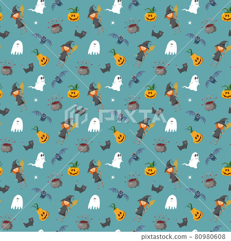 Halloween seamless pattern design. Cute cartoon elements, holiday background, vector illustration 80980608