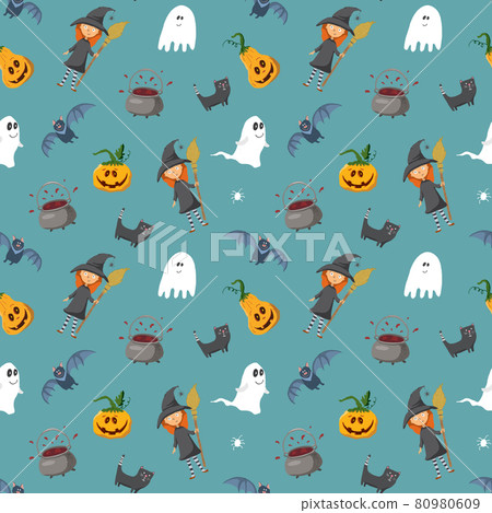 Halloween seamless pattern design. Cute cartoon elements, holiday background, vector illustration Halloween seamless pattern design. Cute cartoon elements, holiday background, vector illustration 80980609
