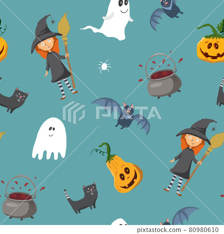 Halloween seamless pattern design. Cute cartoon elements, holiday background, vector illustration 80980610