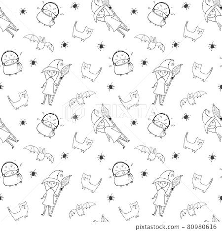 Halloween seamless pattern design. Cute cartoon elements, holiday background, vector illustration 80980616