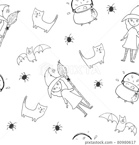 Halloween seamless pattern design. Cute cartoon elements, holiday background, vector illustration 80980617