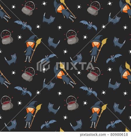 Halloween seamless pattern design. Cute cartoon elements, holiday background, vector illustration 80980618