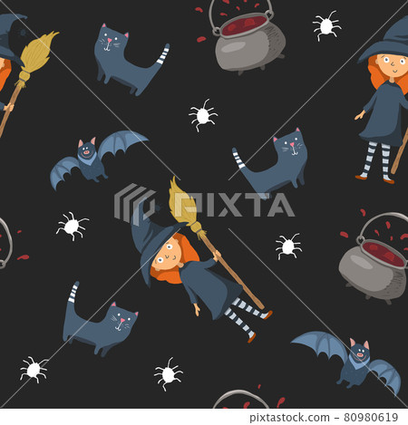 Halloween seamless pattern design. Cute cartoon elements, holiday background, vector illustration 80980619