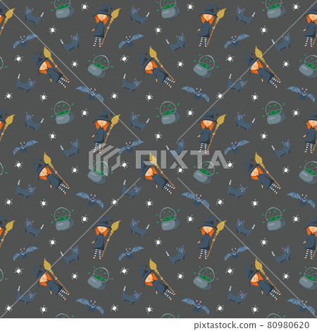 Halloween seamless pattern design. Cute cartoon elements, holiday background, vector illustration 80980620