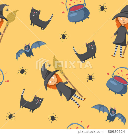 Halloween seamless pattern design. Cute cartoon elements, holiday background, vector illustration Halloween seamless pattern design. Cute cartoon elements, holiday background, vector illustration 80980624