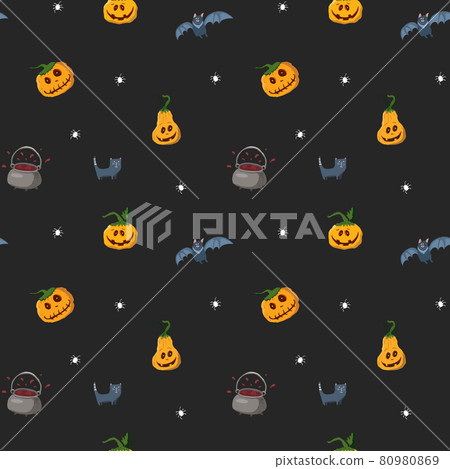 Halloween seamless pattern design. Cute cartoon elements, holiday background, vector illustration 80980869
