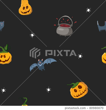 Halloween seamless pattern design. Cute cartoon elements, holiday background, vector illustration 80980870