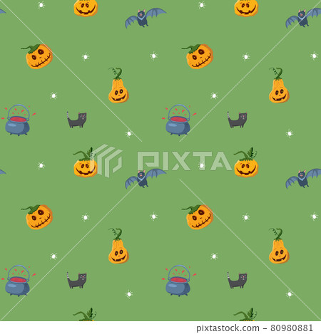 Halloween seamless pattern design. Cute cartoon elements, holiday background, vector illustration 80980881