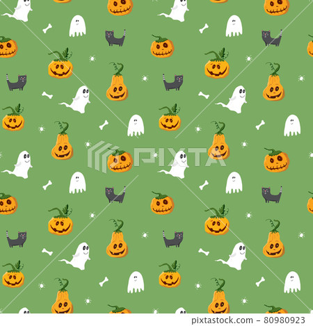 Halloween seamless pattern design. Cute cartoon elements, holiday background, vector illustration 80980923