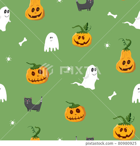 Halloween seamless pattern design. Cute cartoon elements, holiday background, vector illustration 80980925