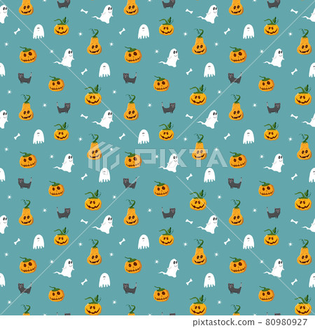 Halloween seamless pattern design. Cute cartoon elements, holiday background, vector illustration 80980927