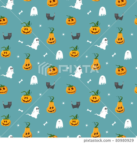 Halloween seamless pattern design. Cute cartoon elements, holiday background, vector illustration 80980929