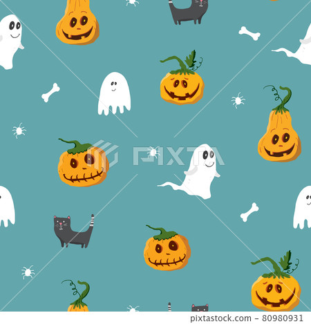 Halloween seamless pattern design. Cute cartoon elements, holiday background, vector illustration 80980931