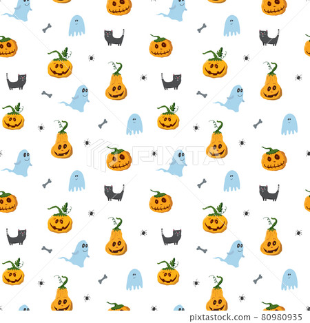 Halloween seamless pattern design. Cute cartoon elements, holiday background, vector illustration 80980935