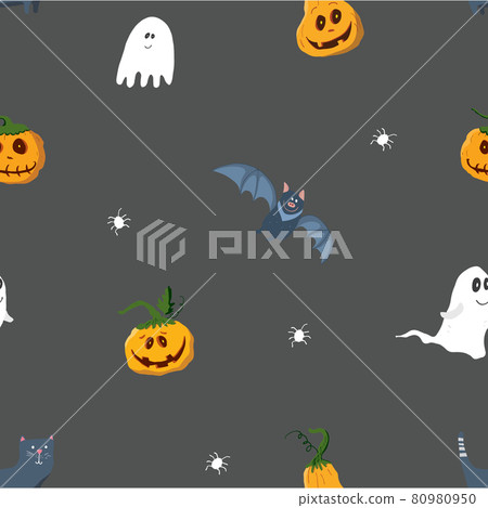 Halloween seamless pattern design. Cute cartoon elements, holiday background, vector illustration 80980950