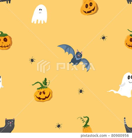 Halloween seamless pattern design. Cute cartoon elements, holiday background, vector illustration 80980956