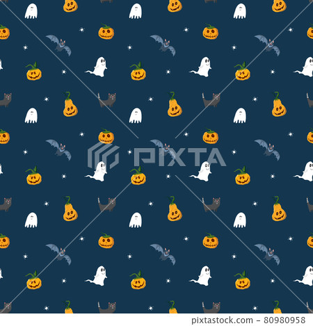 Halloween seamless pattern design. Cute cartoon elements, holiday background, vector illustration 80980958