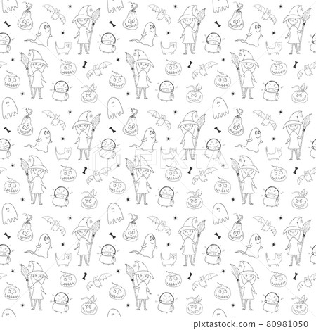 Halloween seamless pattern design. Cute cartoon elements, holiday background, vector illustration 80981050