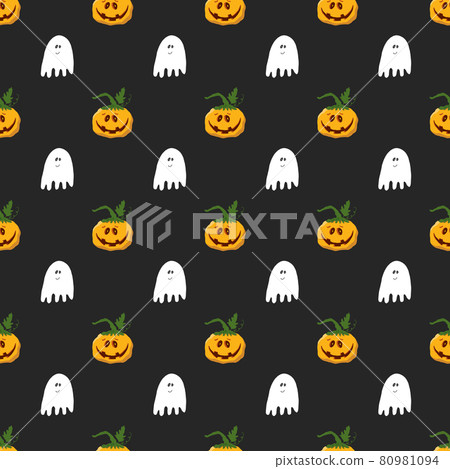 Halloween seamless pattern design. Cute cartoon pumpkin and ghost, holiday background, vector illustration 80981094