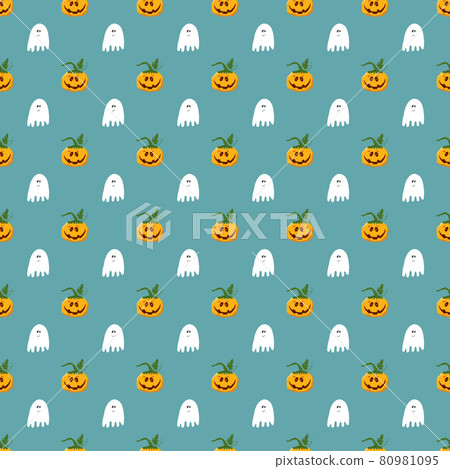 Halloween seamless pattern design. Cute cartoon pumpkin and ghost, holiday background, vector illustration 80981095