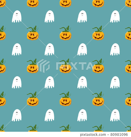 Halloween seamless pattern design. Cute cartoon pumpkin and ghost, holiday background, vector illustration 80981096