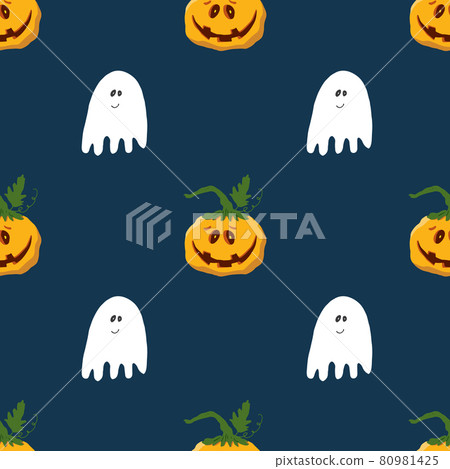 Halloween seamless pattern design. Cute cartoon pumpkin and ghost, holiday background, vector illustration Halloween seamless pattern design. Cute cartoon pumpkin and ghost, holiday background, vector illustration 80981425