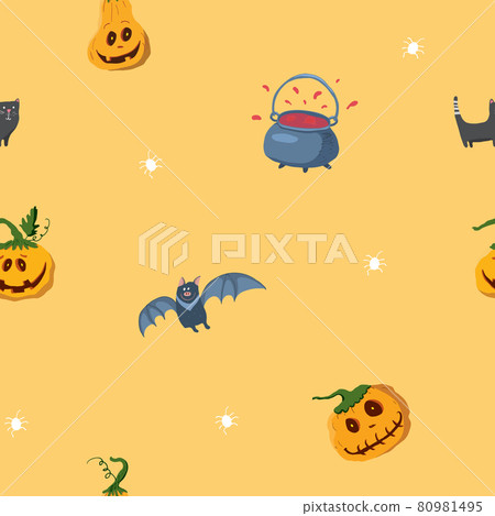 Halloween seamless pattern design. Cute cartoon elements, holiday background, vector illustration 80981495