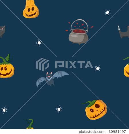 Halloween seamless pattern design. Cute cartoon elements, holiday background, vector illustration 80981497