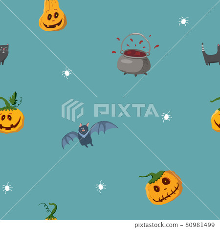 Halloween seamless pattern design. Cute cartoon elements, holiday background, vector illustration 80981499