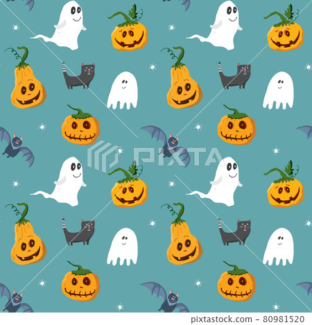 Halloween seamless pattern design. Cute cartoon elements, holiday background, vector illustration 80981520