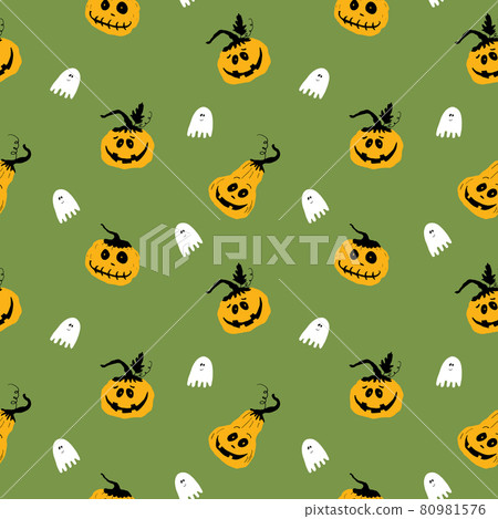 Halloween seamless pattern design. Cute cartoon pumpkin and ghost, holiday background, vector illustration 80981576