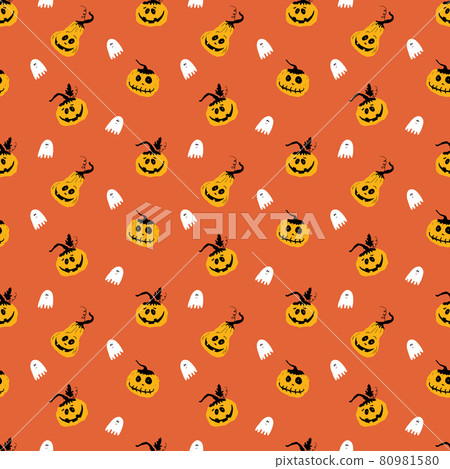 Halloween seamless pattern design. Cute cartoon pumpkin and ghost, holiday background, vector illustration 80981580