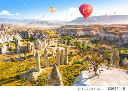 Hot air balloons flying over Love valley near Goreme village. Cappadocia. Turkey 80984446