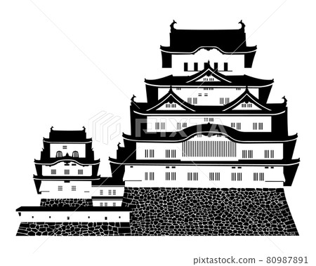 姬路城城堡塔黑色和白色剪影 姬路城城堡塔黑色和白色剪影 80987891