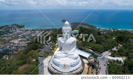 Big buddha statue on top of the mountain Aerial view Drone photography in Phuket Thailand. 80988213