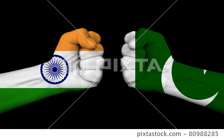 India vs, versus Pakistan. Conflict and tensions between India and Pakistan, black in the background 80988285