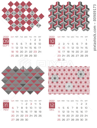 September-December 2022 Calendar with Japanese patterns arranged 80989173