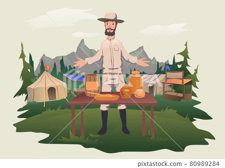 A beekeeper sells honey and other bee products at the fair. Organic Food Market. Vector illustration. A beekeeper sells honey and other bee products at the fair. Organic Food Market. Vector illustration. 80989284