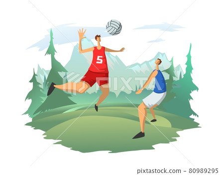Men playing volleyball on the background of a mountain landscape. Volleyball players hit the ball. Outdoor activities, vector illustration. 80989295