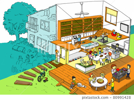 Before and after illustration of renovating a vacant house into a share house 80991428