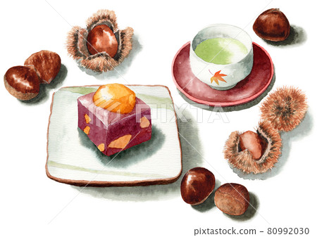 Analog watercolor chestnut yokan and Japanese tea set Yokan 80992030