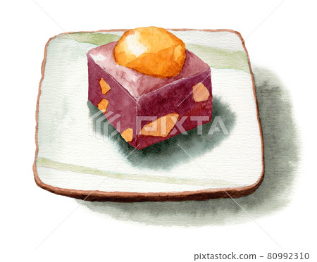 Chestnut yokan on an analog watercolor square plate 80992310