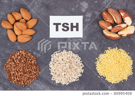 Inscription TSH with nutritious products and ingredients as source vitamins for healthy thyroid 80995409
