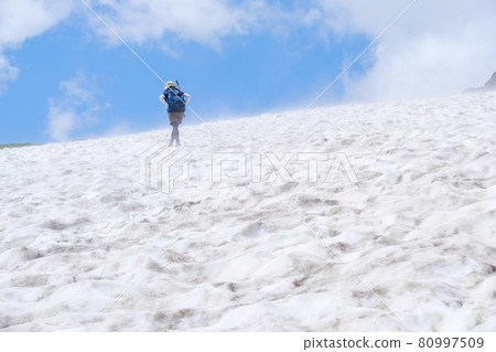 A mountain girl walking in the snowy valley of Mt. Chokai (Dewa Fuji), a famous peak representing the Tohoku region A mountain girl walking in the snowy valley of Mt. Chokai (Dewa Fuji), a famous peak representing the Tohoku region 80997509