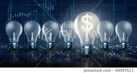 Illuminated light bulb in a row. One different Glowing with dollar sign inside on stock market graph background. Money making idea and Growth of dollar exchange rate Concept. 3D Render 80997621
