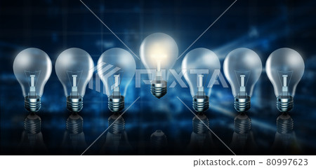 Illuminated light bulb in a row. One different glowing blue abstract background. Business bright idea, Great idea, Innovation, Creativity, Solution, and imagination Concept. 3D Rendering Illuminated light bulb in a row. One different glowing blue abstract background. Business bright idea, Great idea, Innovation, Creativity, Solution, and imagination Concept. 3D Rendering 80997623