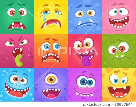 Cartoon funny monster faces in squares, cute monsters characters. Halloween spooky face, creatures with various emotions vector set 80997644
