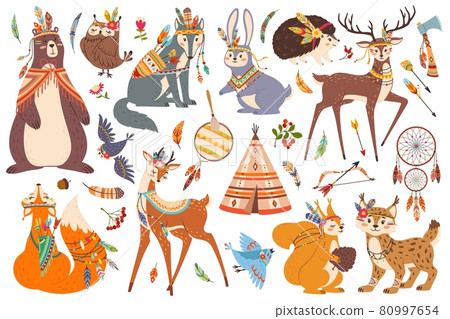 Cute woodland tribal animals, boho tribe forest animal. Fox, owl, wolf, bear, deer characters with american indian ethnic elements vector set 80997654
