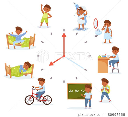 Cartoon little school boy activities, child daily routine. Children morning and evening activity, everyday schedule for kids vector set 80997666